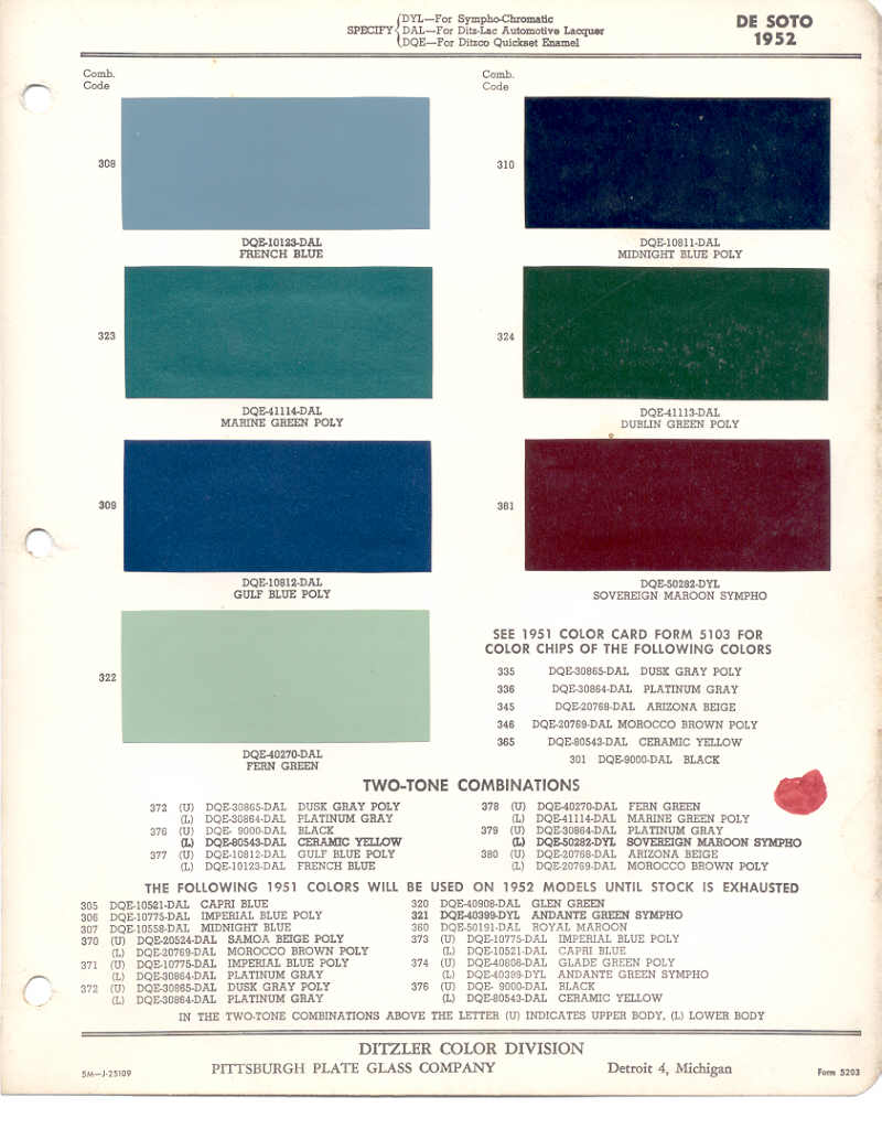 1952 DeSoto Paint Charts PPG 1